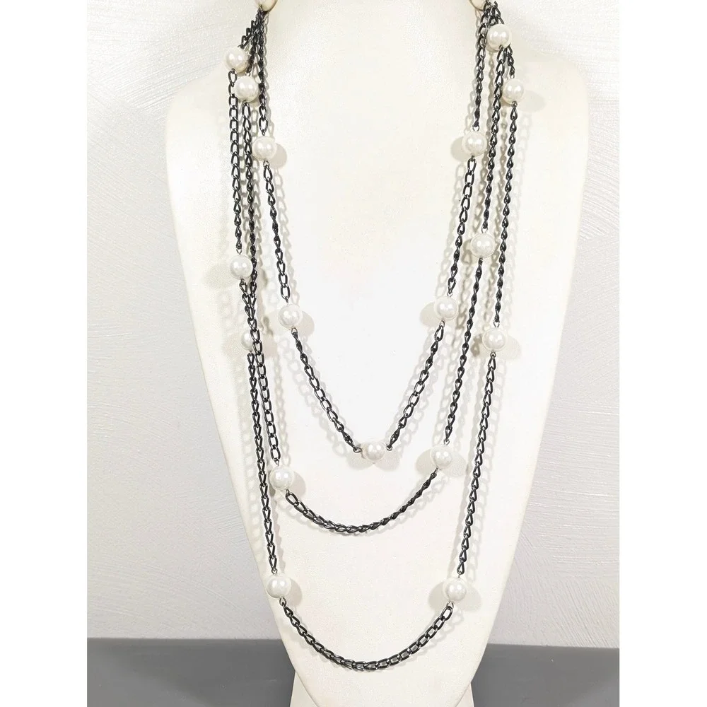 Gunmetal‎ Gray Multi Chain Faux Pearl Station Necklace Layered Long 31in